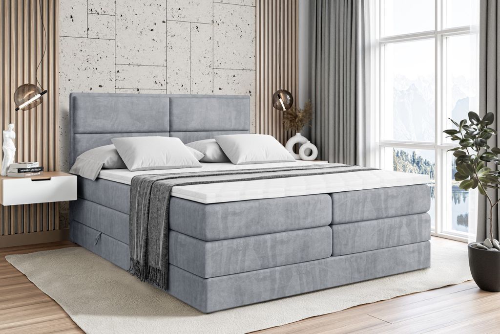 ALTDECOR Boxspringbett mit 2 Matratzen und Topper - 120x200 cm - AURA KING - Grau Samt - Polsterbett mit, H3- und H4- Matratzen, Bettkasten und Lat...