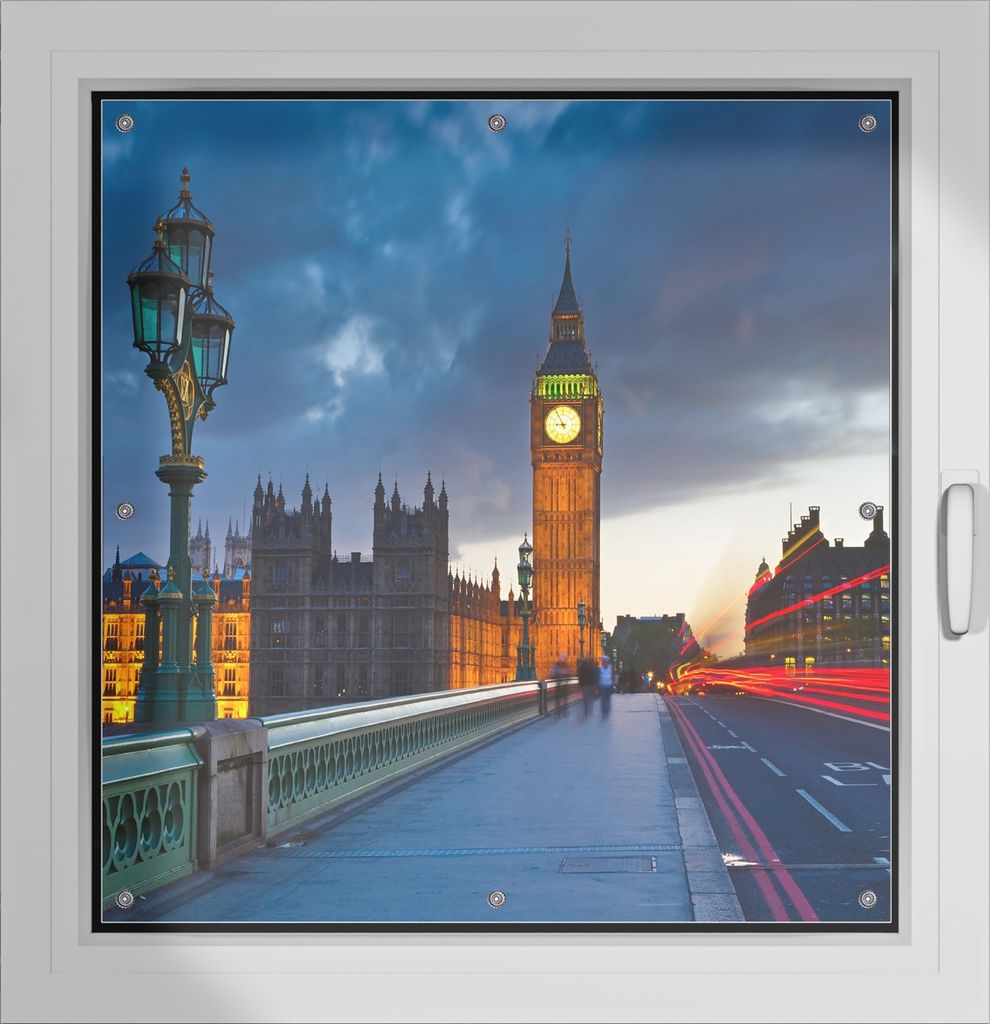 Wallario Lichtschutzbild, Dekorativer Sichtschutz Sonnenschutz 96 x 93 cm mit Motiv: London- Big Ben bei Nacht - Verdunklung ohne Bohren