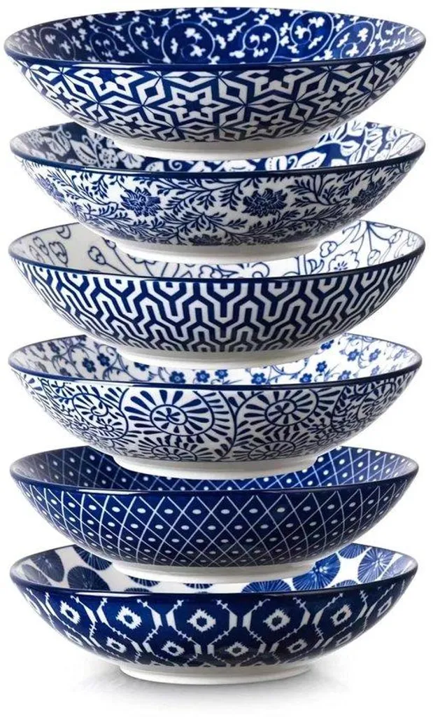 Bols à pâtes en céramique bleu vintage - Lot de 6 saladiers anti-rayures