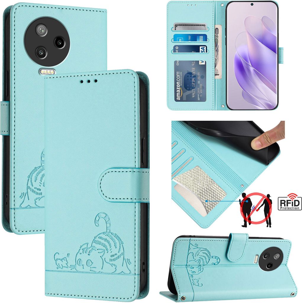 Leder Hülle für Infinix Note 12 Pro 4G /Note 12 (2023) Süße Katze Flip Case Brieftasche Schutzhülle mit Standfunktion hellgrün