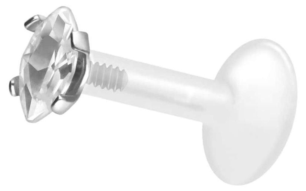Ohrpiercing, Nasenpiercing PTFE Labret mit Innengewinde + Titan-Aufsatz EINGEFASSTER KRISTALLTROPFEN Silber Stablänge: 10mm | Stabstärke: 1,2mm |...