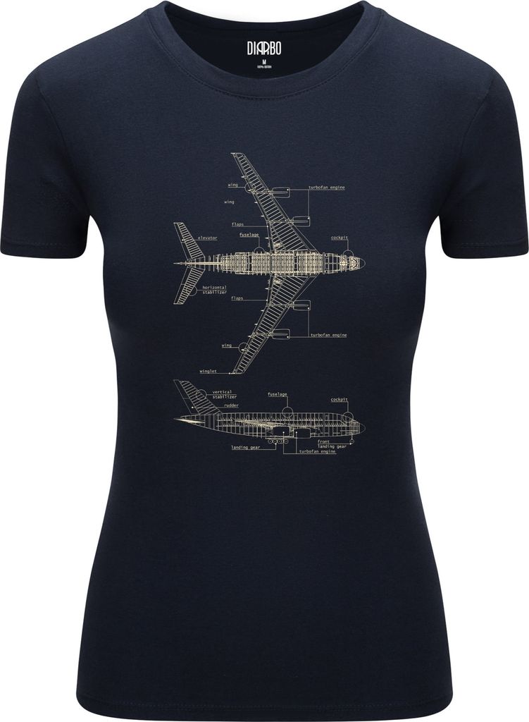 Diarbo Damen T-Shirt mit Blaupausen Druck Flugzeuglegende Dunkelblau Gr.S