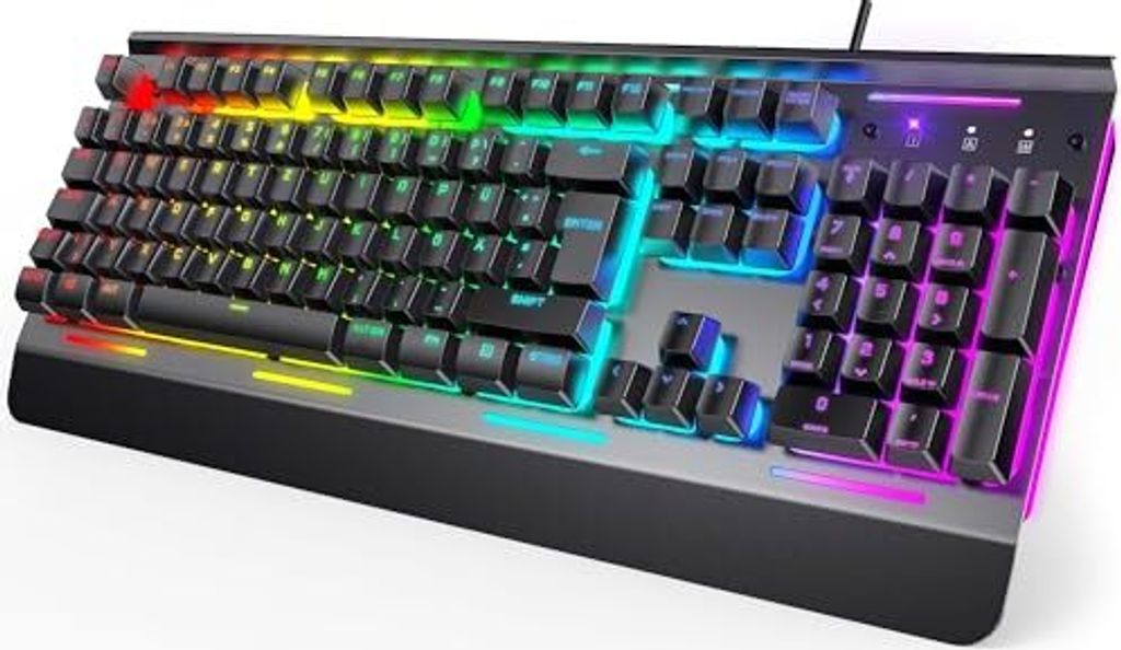 Tecknet RGB Gaming-Tastatur-PC, Membrane 105-Tasten, Vollmetallscheibe, Handgelenksruhe, 15-Zonen-Beleuchtung, 25 Anti-Ghosting-Computer-Tastatur, deu