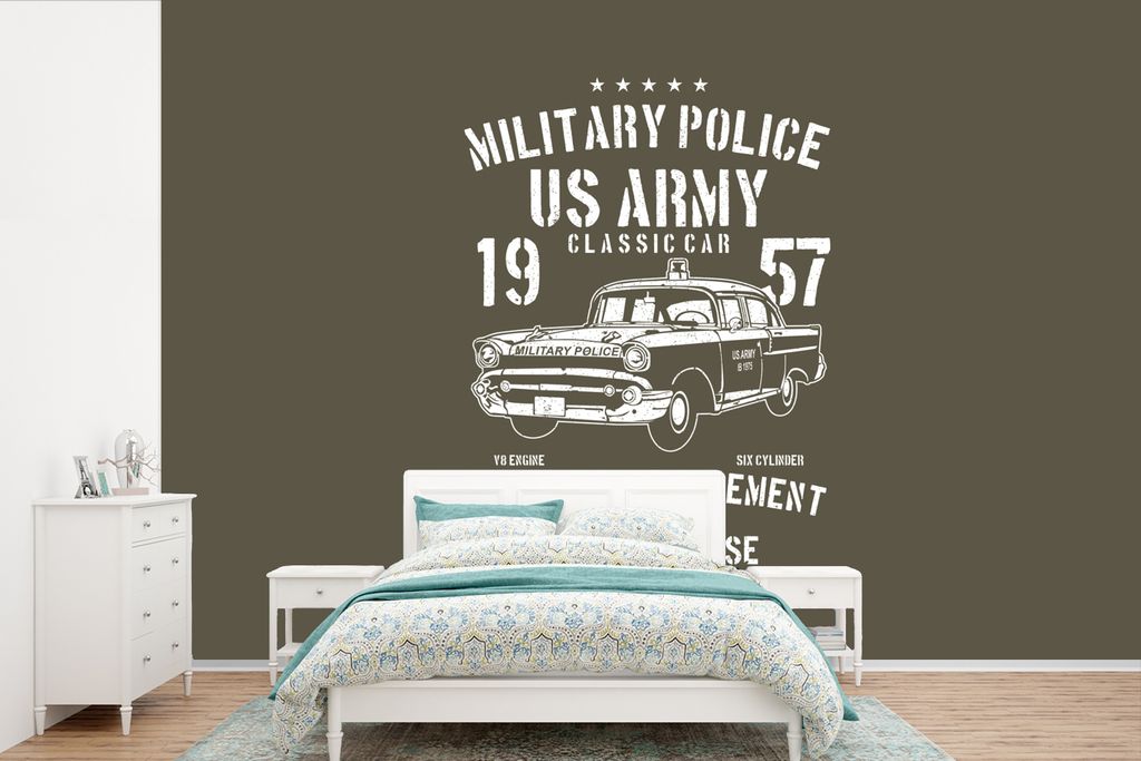 MuchoWow Fototapete für Wohnzimmer oder Schlafzimmer Wandtapete Vinyl Motivtapete Mancave - Auto - Oldtimer - Armee - 330x220 cm - Fototapeten