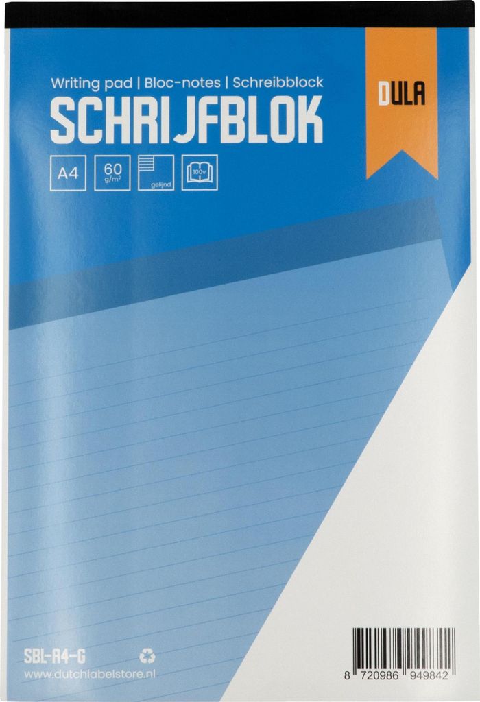 Notizblock im A4-Format mit Linien, 100 Blatt - Linierter Notizblock - 60-Gramm-Papier - DULA