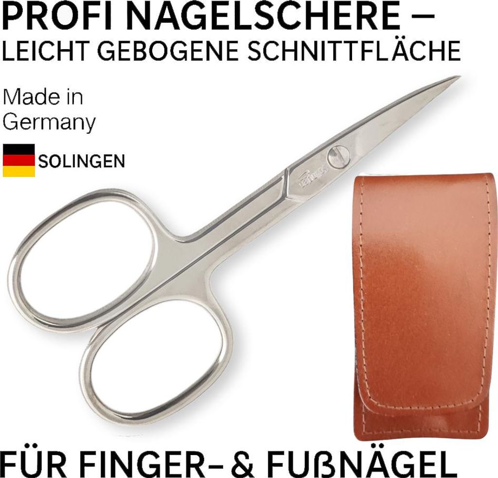 Solingen Nagelschere gehärteter Stahl Extra scharf mit gebogener Schneide Echt-Leder Etui Braun