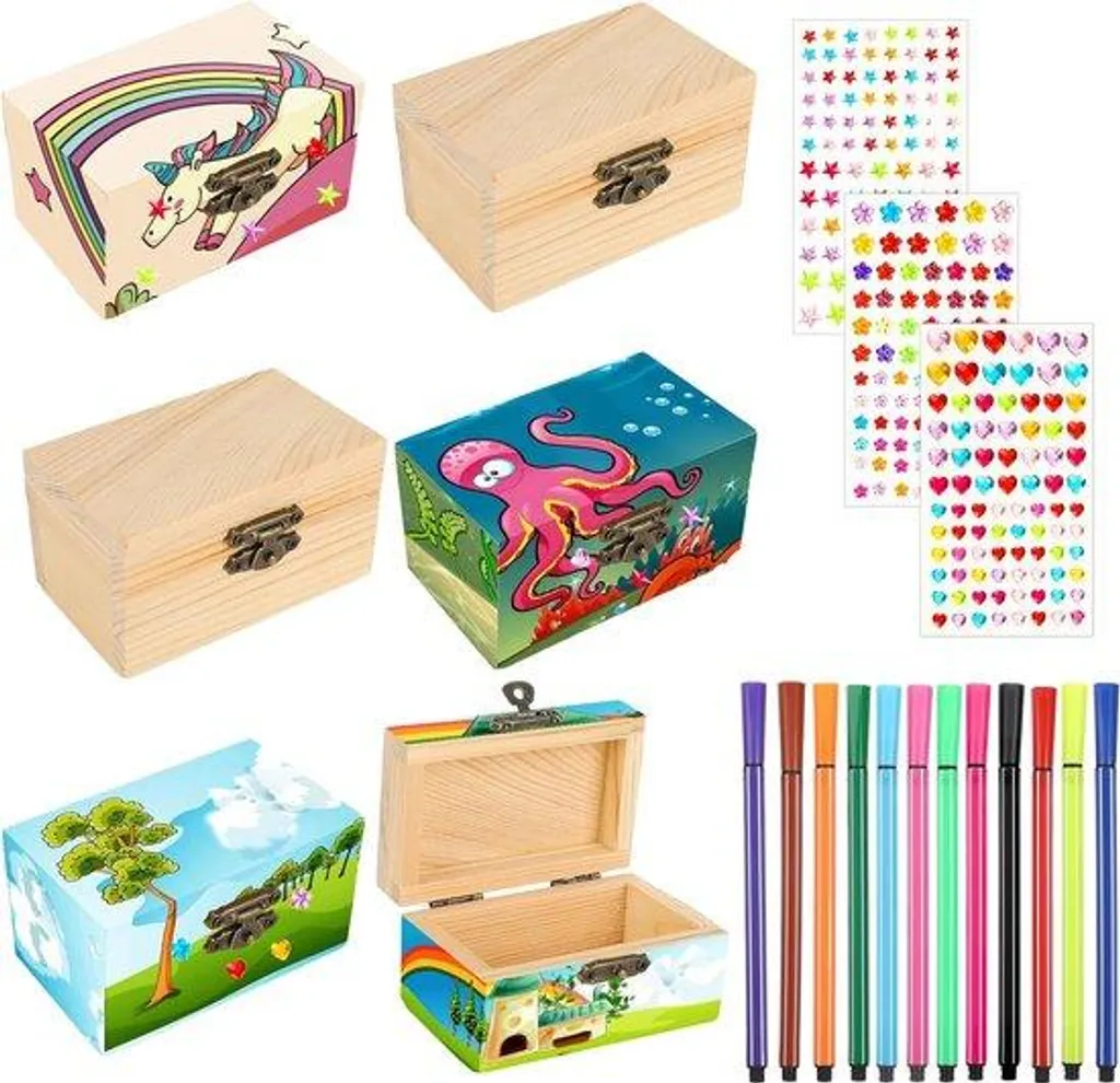 Boîte de rangement en bois à peindre avec set de 12 crayons couleur