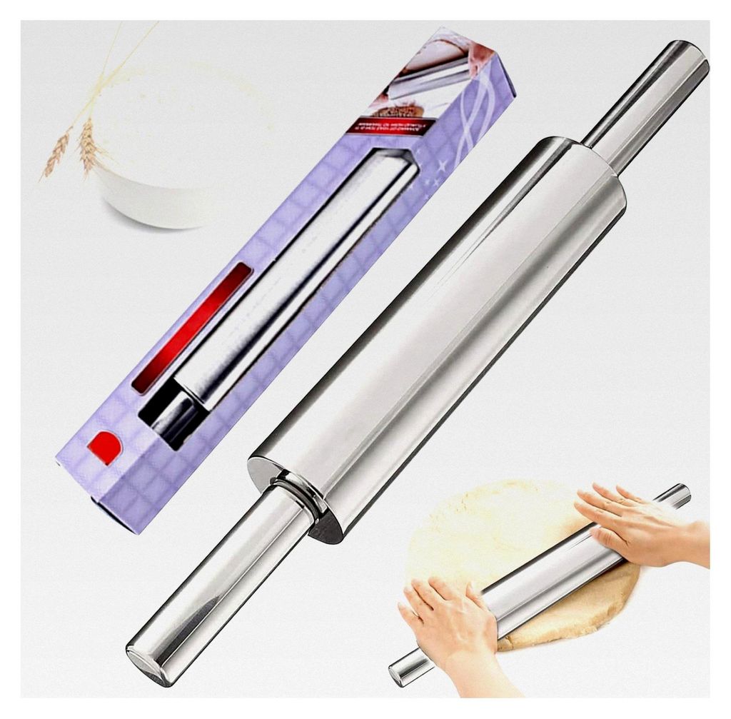 Edelstahl Nudelholz, Antihaft Teigroller, 43 cm mit Griff, Drehbare Teigrolle, Backzubehör für Fondant, Pizza, Knödel, Brot, Kuchen, Nudelteig, ...