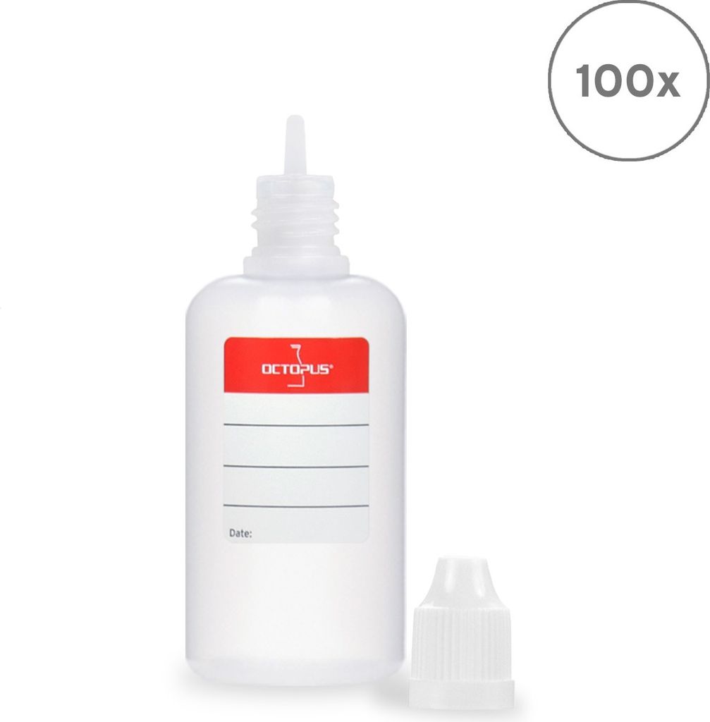 100 Plastikflaschen 50 ml LDPE, G14, Tropfeinsatz, Deckel weiß