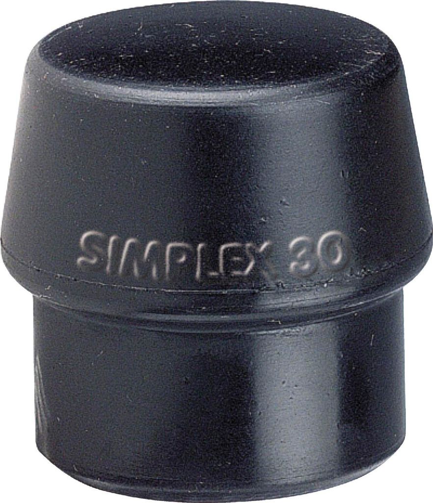 A close-up studio shot of a black rubber hammer head.