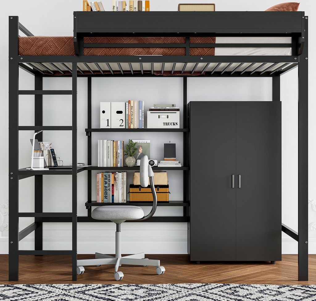 okwish Etagenbett, Kinderbett Jugendbett Eisenbett, Mit Tisch und Kleiderschrank, Reichlich Ablagefächer, Mit 5-stufiger Leiter, 90x200cm ohne Mat...