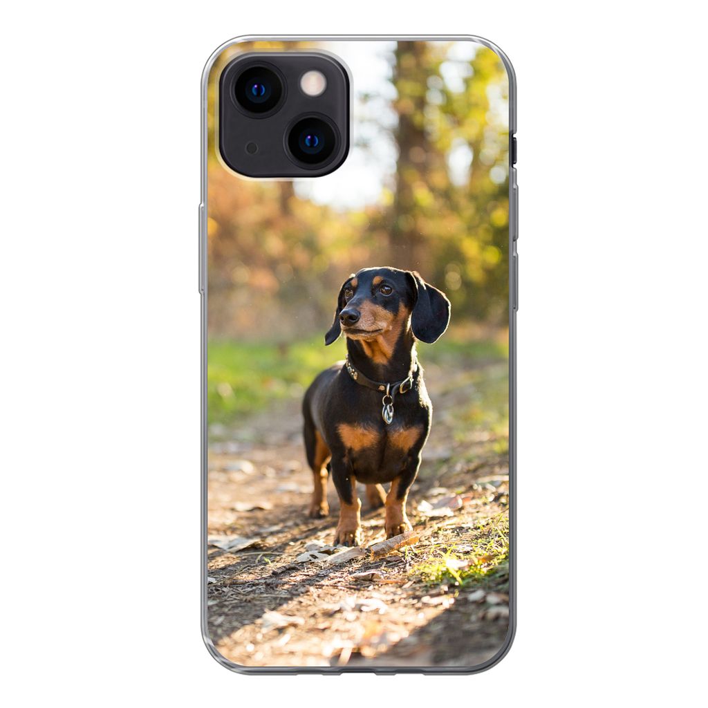 MuchoWow Handyhülle Schutzhülle Hülle für iPhone 13 mini Ein schöner Dackel im Wald Silikon Softcase Handy Hülle - Softcase