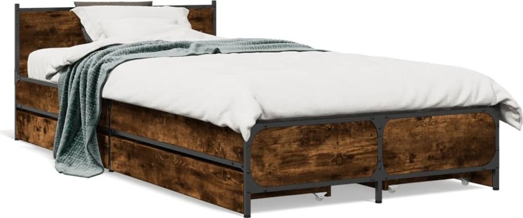 Schlichtes Bettrahmen inkl. Lattenrost - Bettgestell mit Schubladen Räuchereiche 75x190 cm Holzwerkstoff - Klassische Betten DE7823709 2parcel