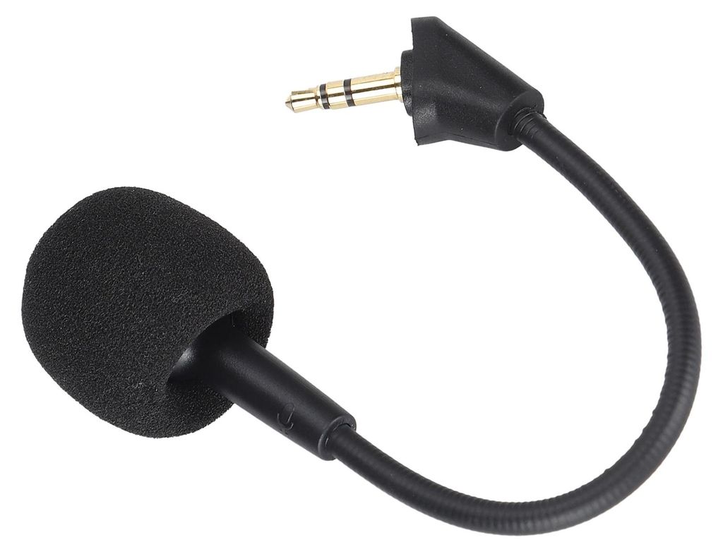 A close-up studio shot of a black headset microphone with a 3.5mm jack.