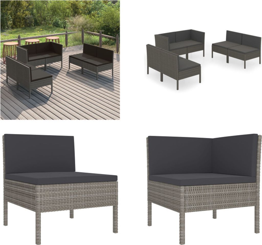 vidaXL 6 tlg. Garten Lounge Set mit Auflagen Poly Rattan Grau - Garten-Sofagarnitur - Garten-Sofagarnituren - Gartensofa-Set - Gartensofa-Sets