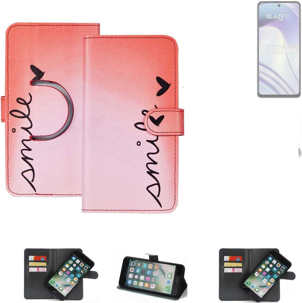 K-S-Trade Schutzhülle Handyhülle kompatibel mit Lava Blaze Pro 5G Hülle cover bookstyle Etui ''smile'' rot Standfunktion Kameraschutz (1Stk)