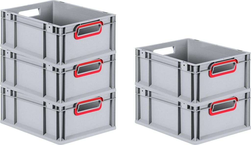 SparSet 5x Eurobox NextGen Color | HxBxT 17x30x40cm | 16 Liter | Griffe rot offen | Glatter Boden | Grau | Eurobehälter, Transportbox, Transportbe...