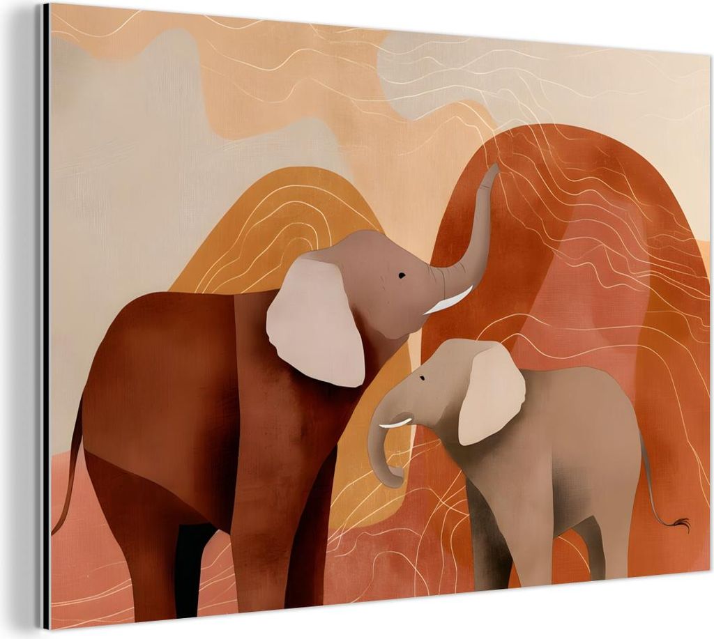 MuchoWow Wanddekoration Metall Metallbild Wandkunst 120x80 cm Elefanten - Orange - Abstrakt MuchoWow Aluminium Gemälde - Alu Bild
