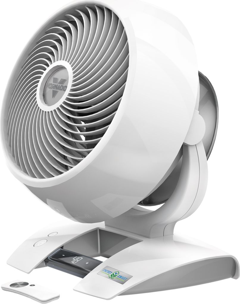 A white modern fan with a remote control is displayed on a white background.