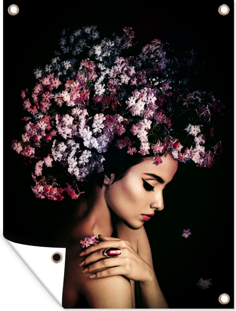 MuchoWow 60x80 cm Outdoor-Poster Gartendeko Sichtschutz Garten Poster für den Garten Blossom - Frau - Rosa - Luxus
