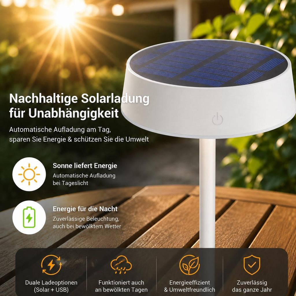 Lismic Solar Tischlampe Outdoor – Kabellose LED Tischleuchte Mit USB & Solar, Dimmbar Warmweiß + RGB, Lichtsensor