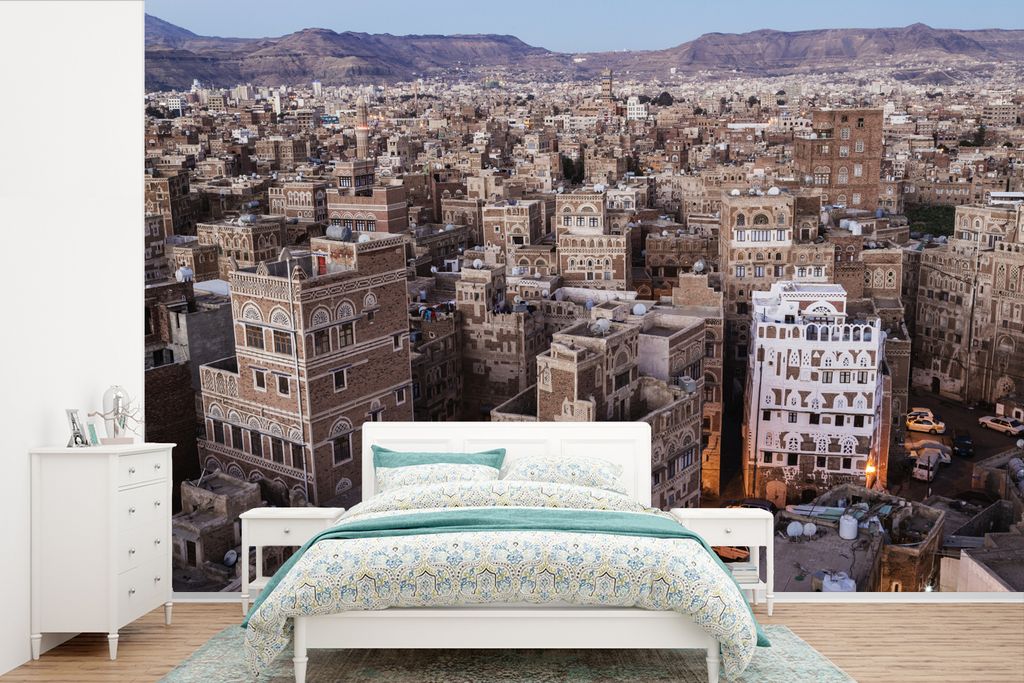 MuchoWow Fototapete für Wohnzimmer oder Schlafzimmer Wandtapete Vinyl Motivtapete Sonnenaufgang über dem Stadtzentrum von Sanaa im Jemen - 450x...