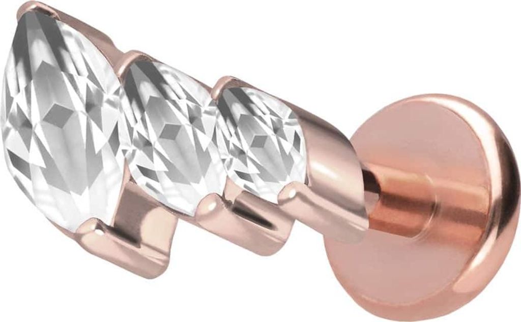 Ohrpiercing, Nasenpiercing Titan Labret mit Push Fit 3 EINGEFASSTE KRISTALLTROPFEN RoséGold Stablänge: 8mm | Stabstärke: 1mm