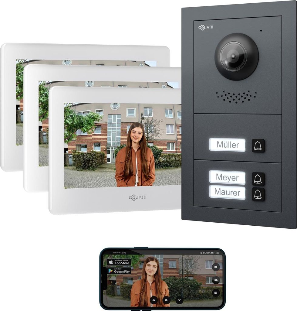 A collage showing a video intercom system with multiple indoor monitors, an outdoor unit, and a smartphone displaying the app interface.