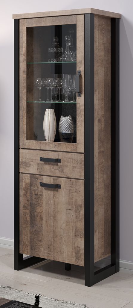 Vitrine "Emile" in Eiche Tabak und schwarz Wohn- und Esszimmer Vitrinenschrank 70 x 195 cm