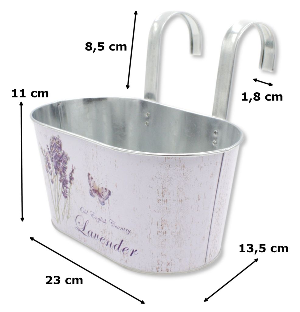 Metall Hängetopf mit 2 Henkeln - 23cm x 11cm Lavendel und Schmetterling 4 Stück