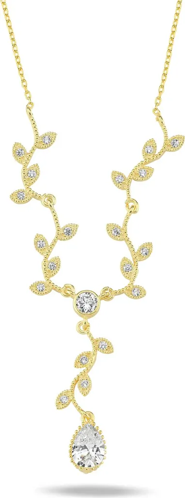 Collier maille dorée pendentif feuille filigrane et zircons brillants