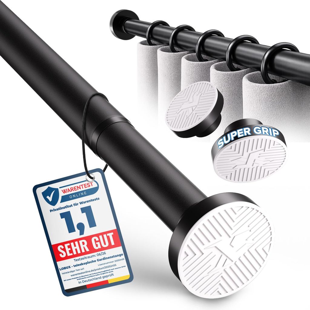Gardinenstange ohne bohren [schwarz, 140-260cm] – Ø 25mm - Produktbild 