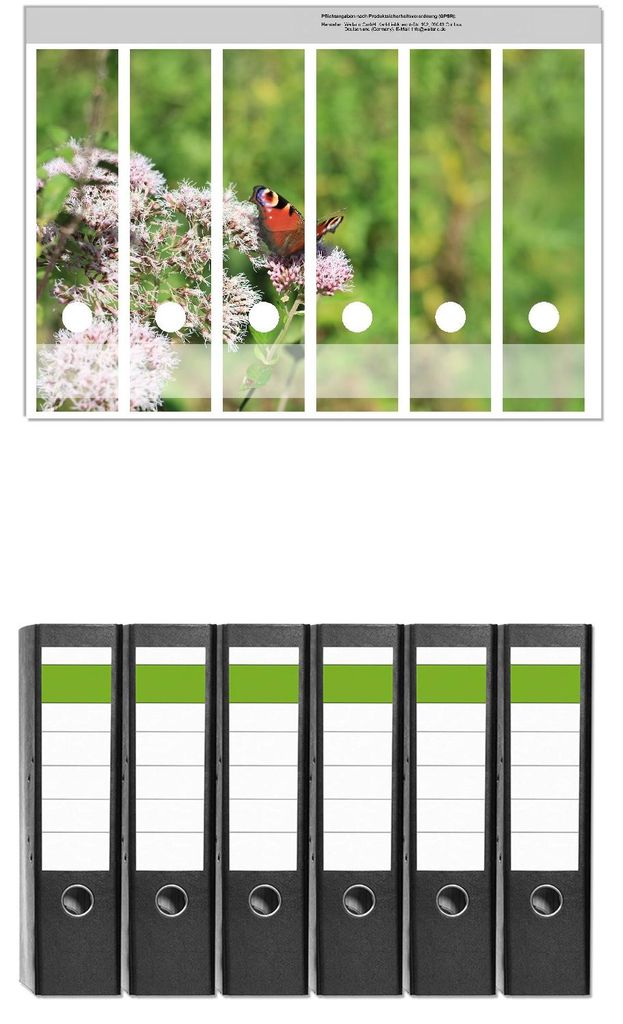 Wallario 6 Stück breite Ordner inkl. Klebeetiketten mit Motive Schmetterling auf Blüte - Set mit Rückenschildern / Ordnerrücken Stickern