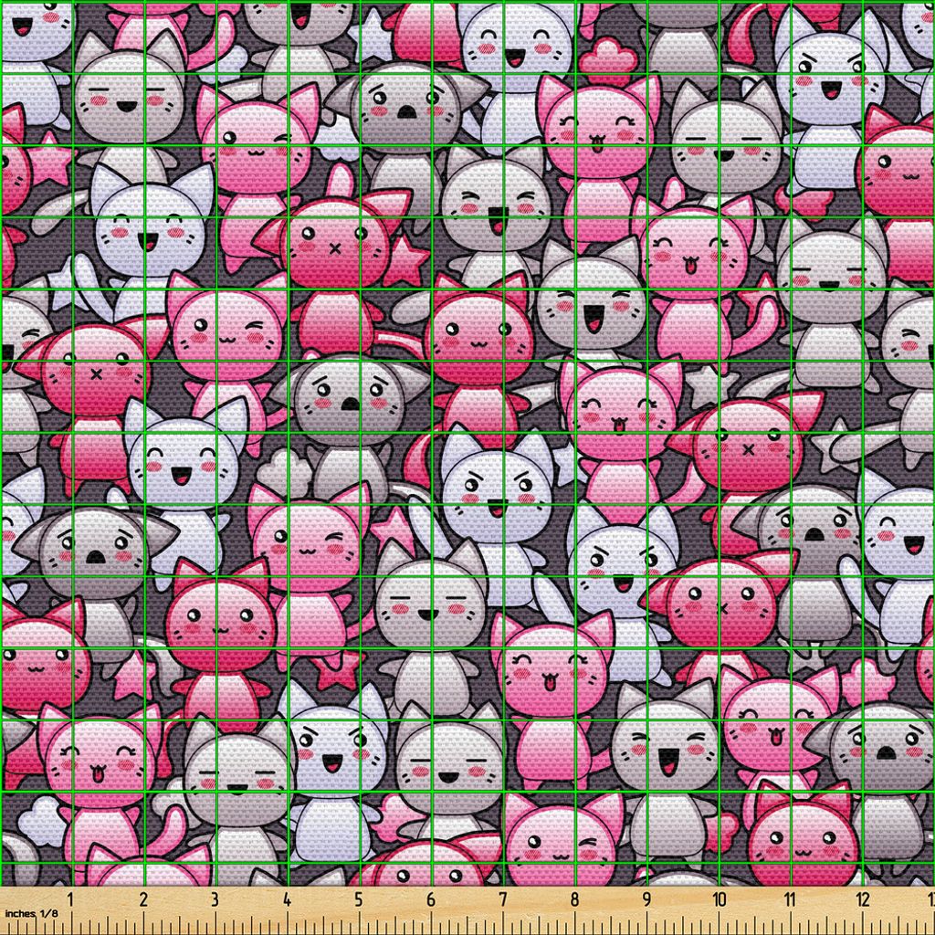 ABAKUHAUS Katze Gewebe als Meterware, Niedliches Kawaii Gekritzel-Katzen-Muster-lächelndes zwinkendes zujubelndes Maskottchen humorvolles lustiges...