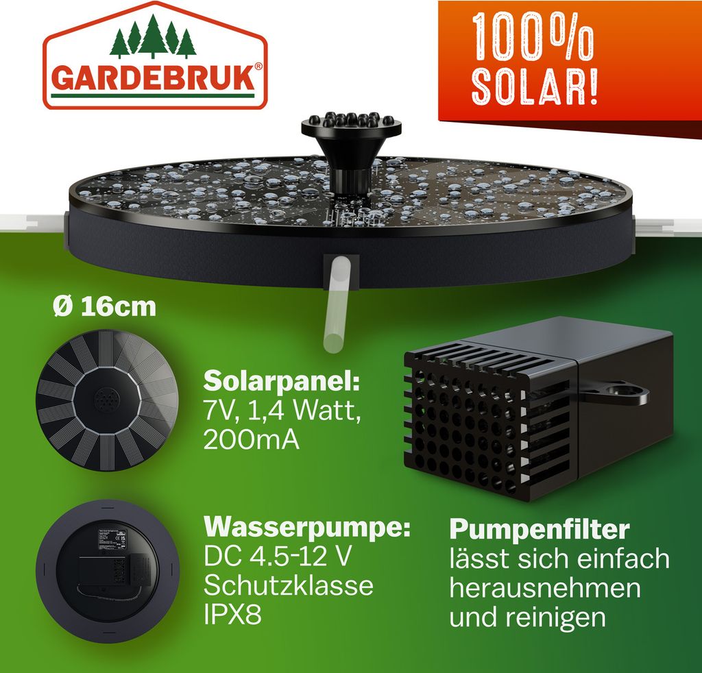 GARDEBRUK® Solar Springbrunnen 7 Effekte 180L/h Solarpanel Produktbild 4