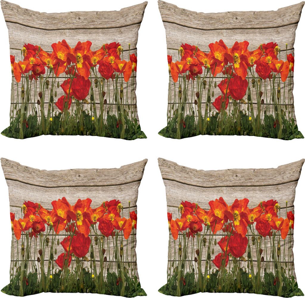 ABAKUHAUS Rustikal Kissenbezug Set (4 Stück), Blooming Mohnblumen-Blumen, Moderner Doppelseitiger Digitaldruck, 45 cm x 45 cm, Orange Braun