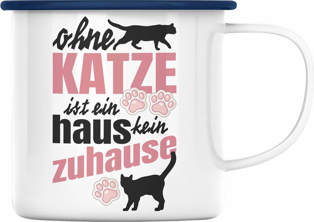 Trendation - Katze Emaille Tassen Katzenbesitzer Geschenk Katzen Geschenkidee Lustige Emaille Tasse mit Spruch Kater Katzenmama (Blau)