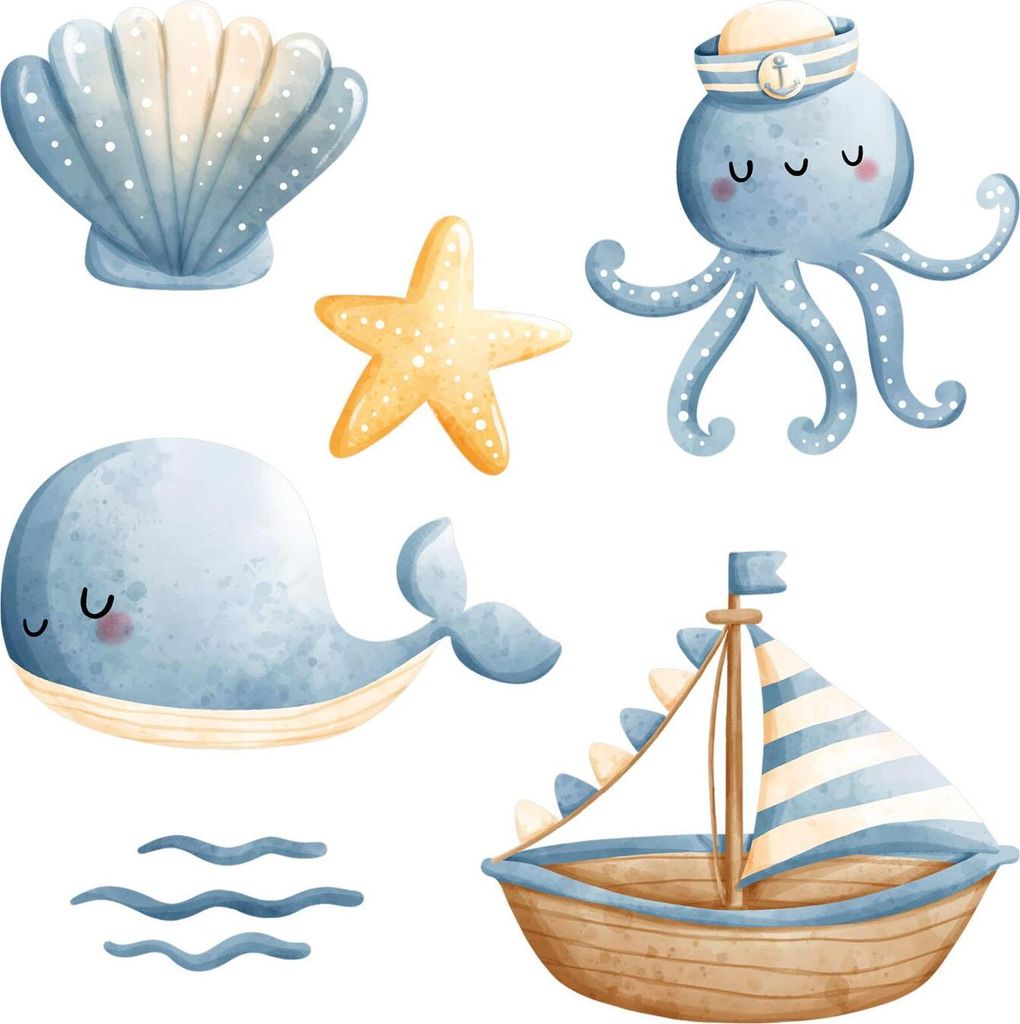 Tiere und Boot– Wanddekor Kinderzimmer – Selbstklebende Wandsticker – Motivtapeten Set – Wandgestaltung – Wandbilder Kinder – 80x106 cm