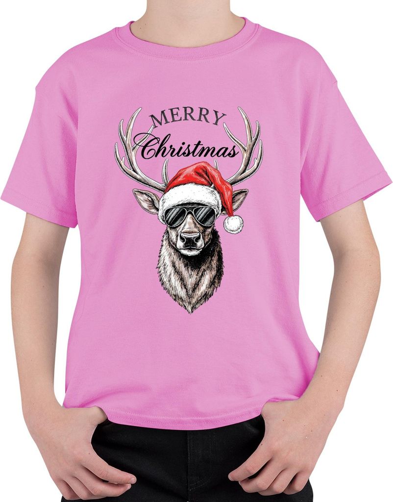 Rentier Weihnachten Merry Christmas Weihnachtsmütze Sonnenbrille Uni Kinder T-Shirt, Pink, 128