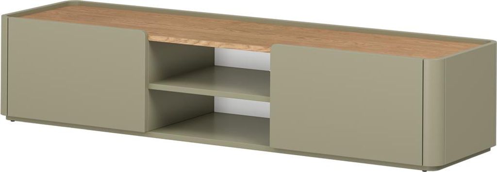 Wohnzimmer Lowboard mit 170 cm Breite in Grün mit Eiche, 1 Schublade, Klappe & 2 offene Fächer - ELOY-141
