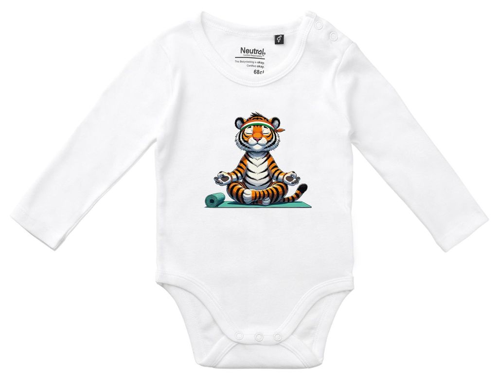 Huuraa Baby Body Yoga Tiger Comic 74 White Baumwolle Fairtrade Langarmbody Geschenkidee