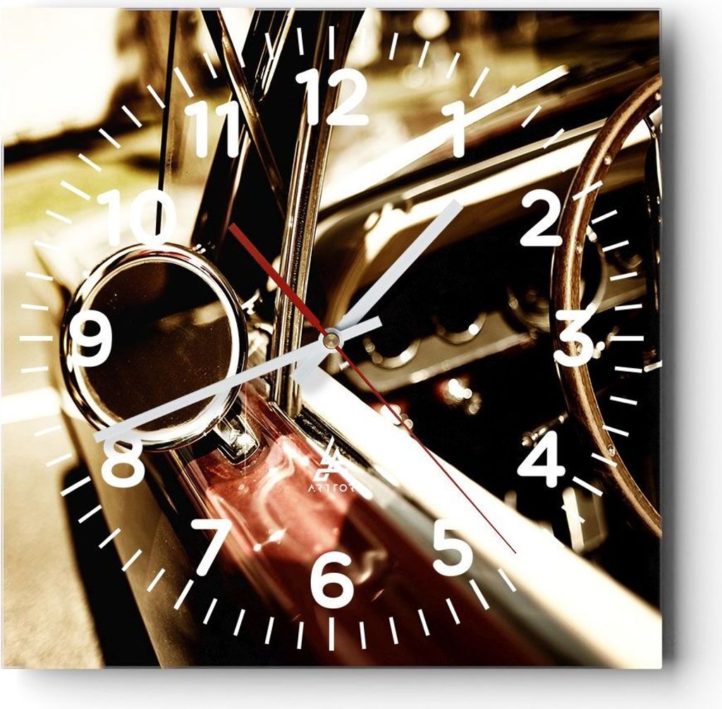 Wanduhr - Quadrat - Glasuhr - Auto Seite Rad - 30x30cm - Schleichendes Uhrwerk - Lautlos - zum Aufhängen bereit - Dekoration Modern - Wanddekorati...