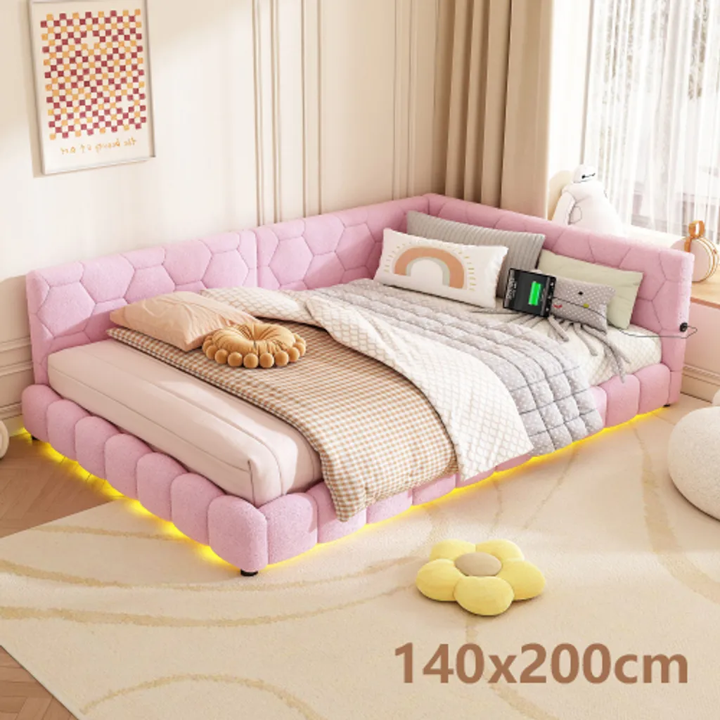 Canapé-lit Connecté USB Type-C Rose 140x200cm avec LED Multicolores