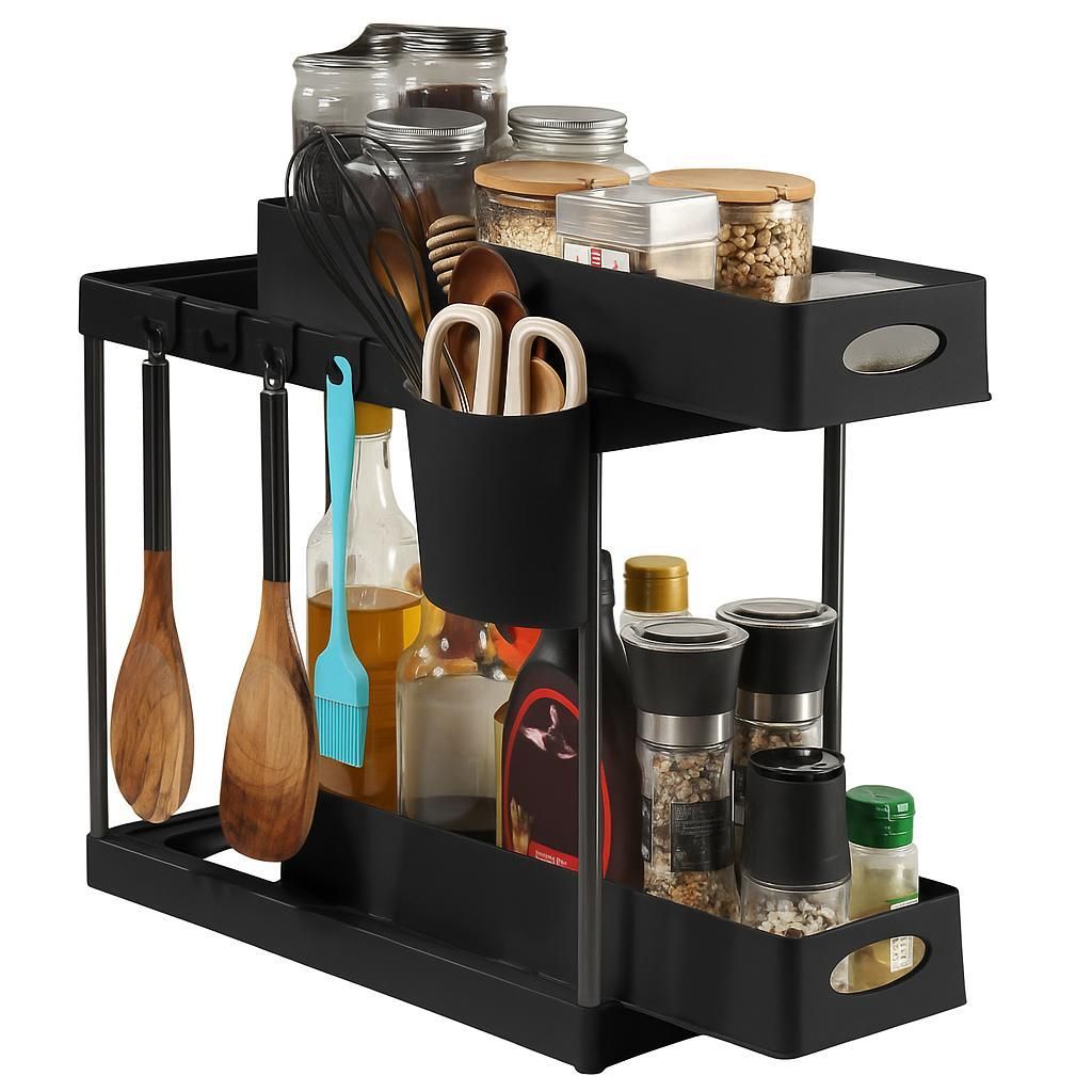 Organizer Küche 2 Ebenen Schwarz mit 2 Schubladen, 2 Bechern & 4 Haken