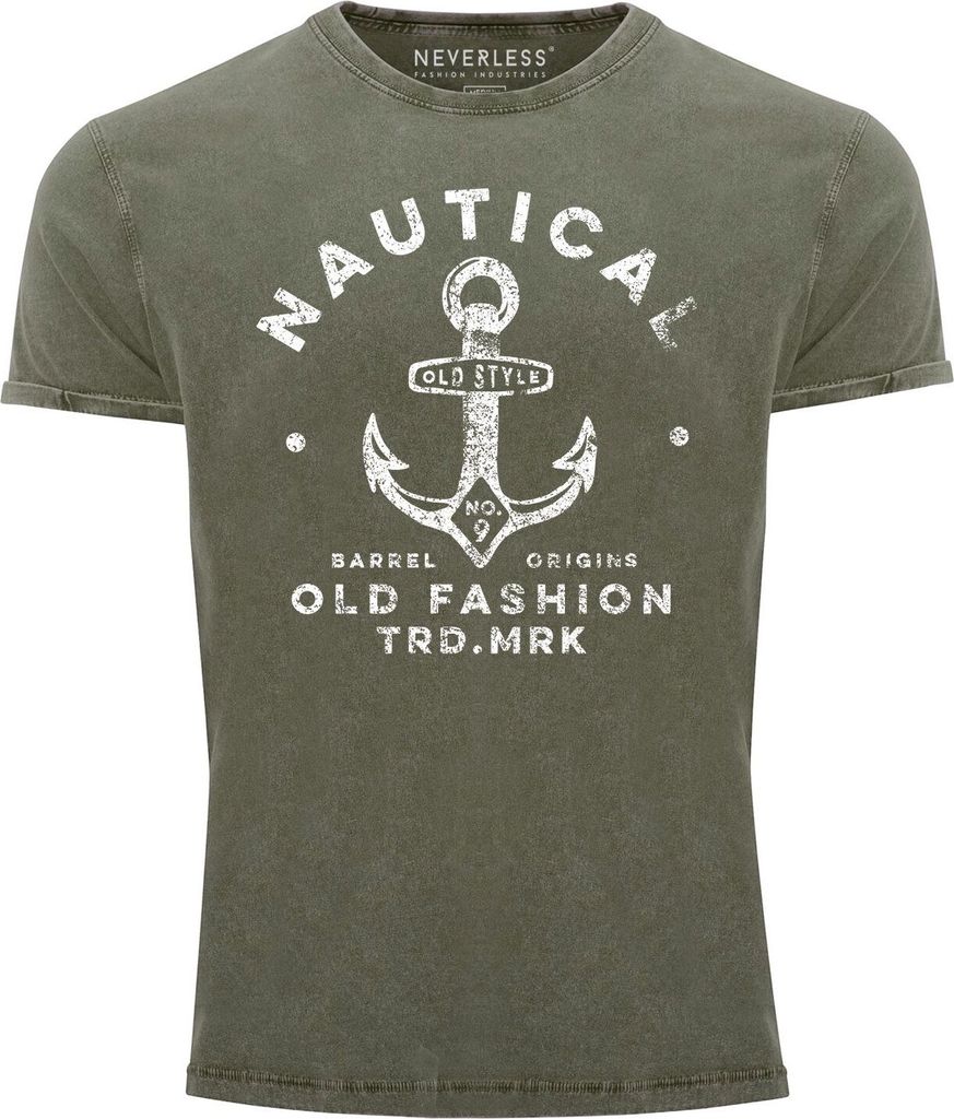 Herren Vintage Shirt Anker Motiv Nautical Old Fashion Printshirt Used Look Slim Fit Neverless oliv XL