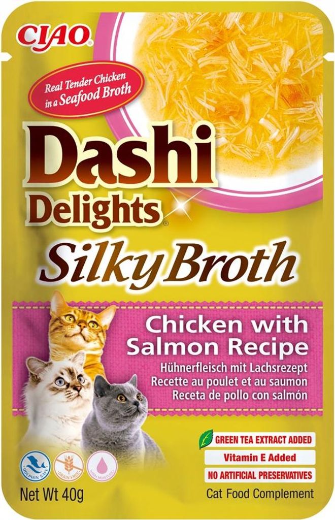 INABA CAT Dashi Delights Seidige Brühe Huhn mit Lachs - Leckerbissen für Katzen - 40g