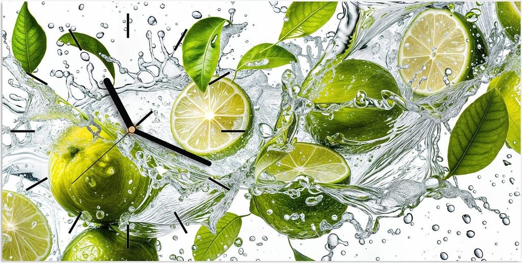 Wanduhr aus Glas mit Motiv Zitrusfrucht Spritzer- 60 x 30 cm - inkl. Aufhängesystem