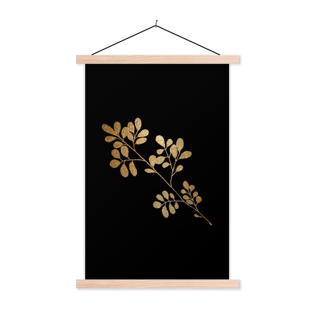 MuchoWow Textilposter Blätter - Zweig - Gold 60x90 cm mit holzfarbenen Rahmen - Textil