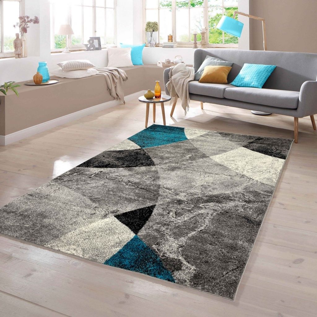 Teppich Rauten Design in blau grau Größe - 60 x 110 cm