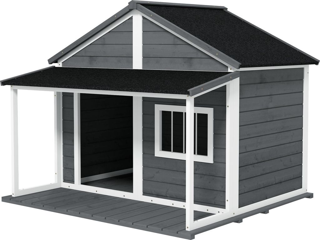 Outdoor-Hundehütte mit Veranda, wetterfest 124x112x105 cm Grau-Weiß für große Hunde